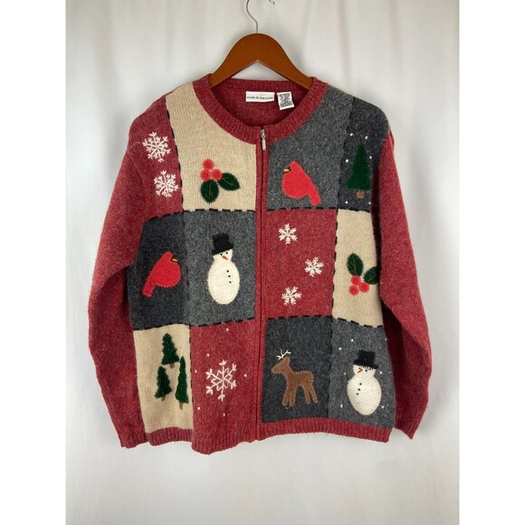 Croft & Barrow Cardigan Sweater Large Snowman Patchwork Christmas Wool Angora - Picture 1 of 8
